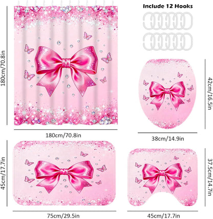 4Pcs Pink Bow Shower Curtain Sets, Bathroom Sets with Shower Curtain, Non-Slip Rugs, Toilet Lid Cover and Bath Mat, Pink Glitter Diamond Shower Curtain with 12 Hooks for Bathroom Set Decor