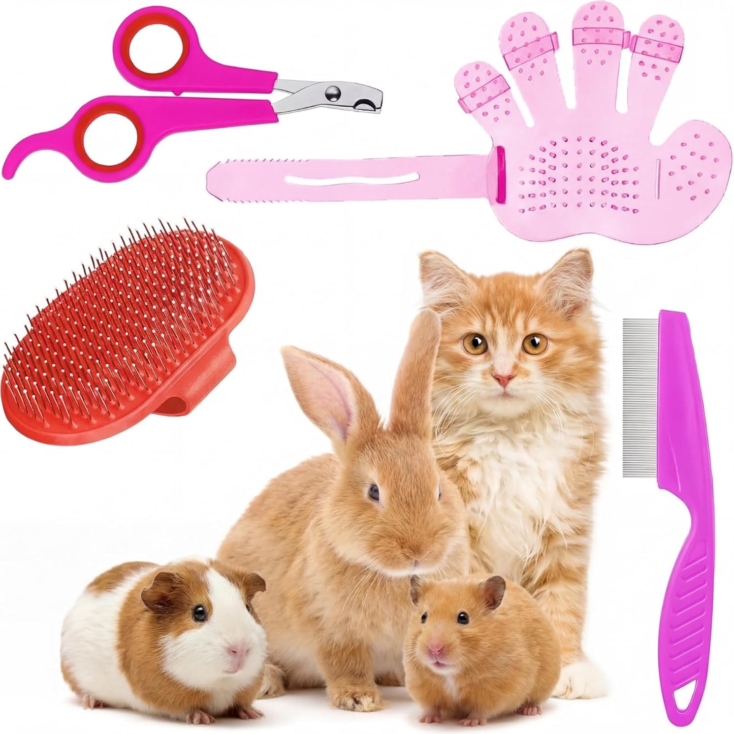 4 Pieces Bunny Grooming Kit Rabbit Nail Clipper Rabbit Brush Hair Remover Shampoo Brush with Adjustable Ring Handle for Rabbits Guinea Pig Hamsters Puppy Kitten Hamster Ferret(Pink, Red)