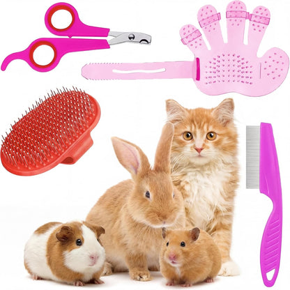 4 Pieces Bunny Grooming Kit Rabbit Nail Clipper Rabbit Brush Hair Remover Shampoo Brush with Adjustable Ring Handle for Rabbits Guinea Pig Hamsters Puppy Kitten Hamster Ferret(Pink, Red)
