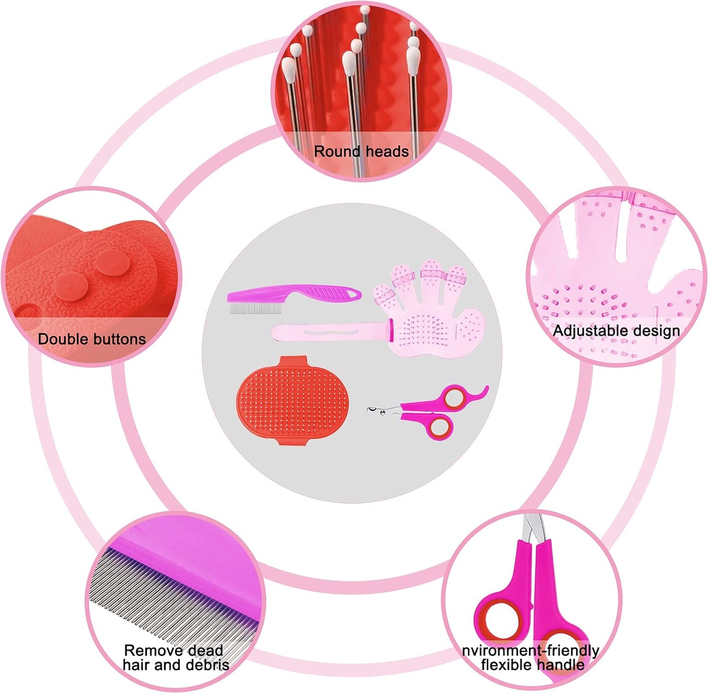 4 Pieces Bunny Grooming Kit Rabbit Nail Clipper Rabbit Brush Hair Remover Shampoo Brush with Adjustable Ring Handle for Rabbits Guinea Pig Hamsters Puppy Kitten Hamster Ferret(Pink, Red)