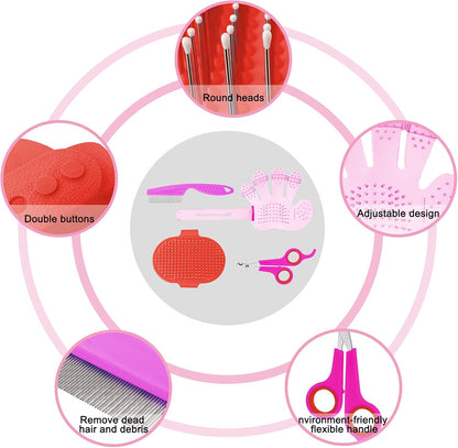4 Pieces Bunny Grooming Kit Rabbit Nail Clipper Rabbit Brush Hair Remover Shampoo Brush with Adjustable Ring Handle for Rabbits Guinea Pig Hamsters Puppy Kitten Hamster Ferret(Pink, Red)