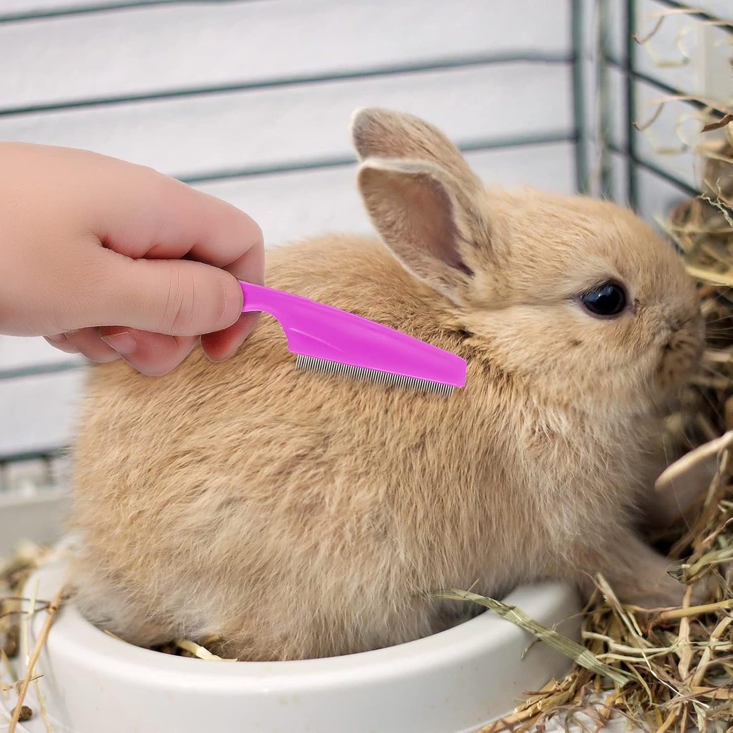 4 Pieces Bunny Grooming Kit Rabbit Nail Clipper Rabbit Brush Hair Remover Shampoo Brush with Adjustable Ring Handle for Rabbits Guinea Pig Hamsters Puppy Kitten Hamster Ferret(Pink, Red)