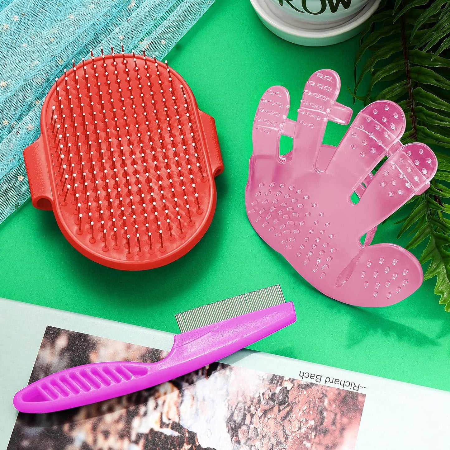 4 Pieces Bunny Grooming Kit Rabbit Nail Clipper Rabbit Brush Hair Remover Shampoo Brush with Adjustable Ring Handle for Rabbits Guinea Pig Hamsters Puppy Kitten Hamster Ferret(Pink, Red)
