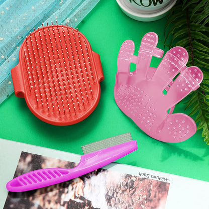 4 Pieces Bunny Grooming Kit Rabbit Nail Clipper Rabbit Brush Hair Remover Shampoo Brush with Adjustable Ring Handle for Rabbits Guinea Pig Hamsters Puppy Kitten Hamster Ferret(Pink, Red)