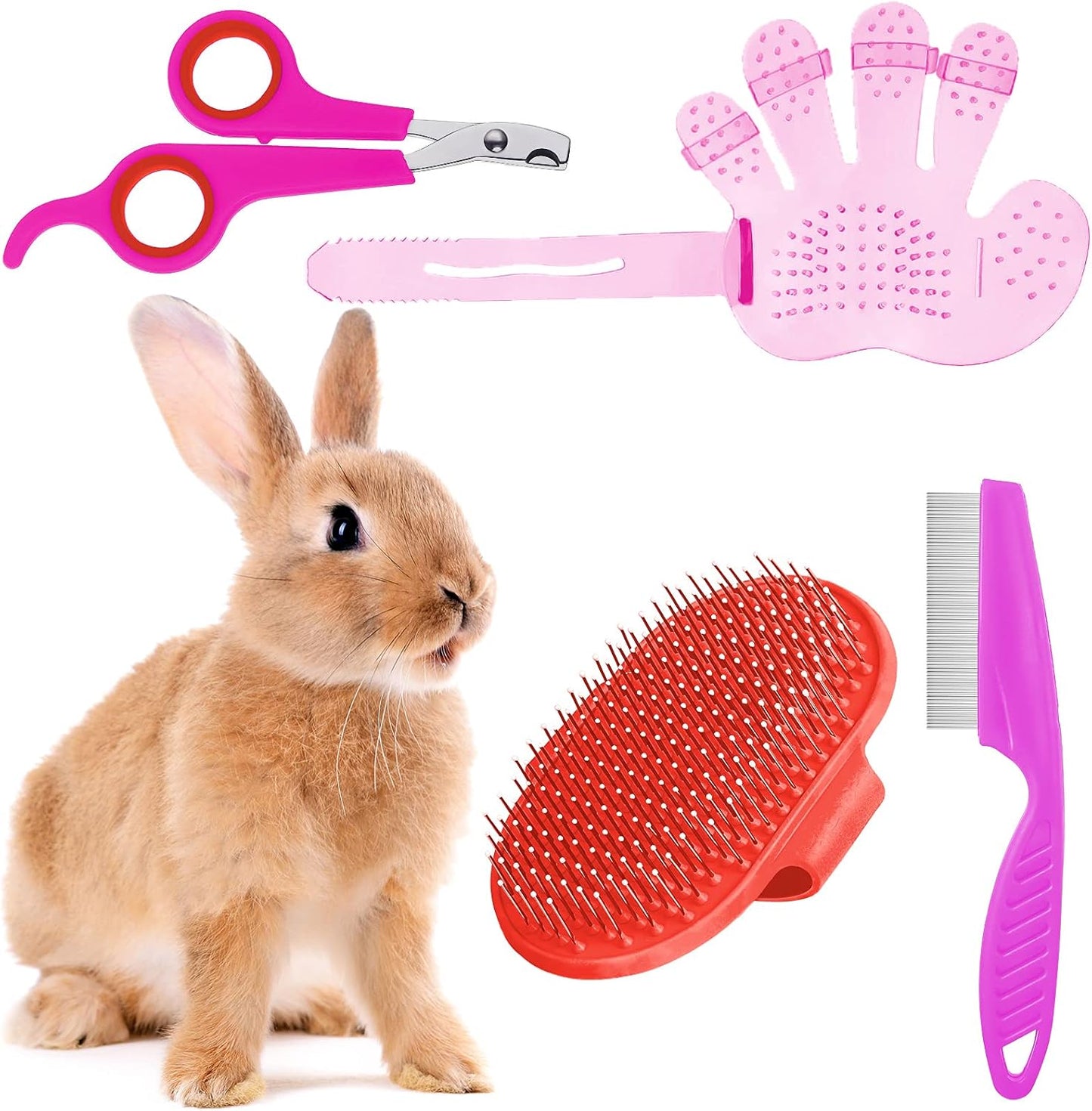 4 Pieces Bunny Grooming Kit Rabbit Nail Clipper Rabbit Brush Hair Remover Shampoo Brush with Adjustable Ring Handle for Rabbits Guinea Pig Hamsters Puppy Kitten Hamster Ferret(Pink, Red)