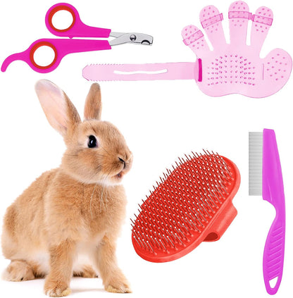 4 Pieces Bunny Grooming Kit Rabbit Nail Clipper Rabbit Brush Hair Remover Shampoo Brush with Adjustable Ring Handle for Rabbits Guinea Pig Hamsters Puppy Kitten Hamster Ferret(Pink, Red)