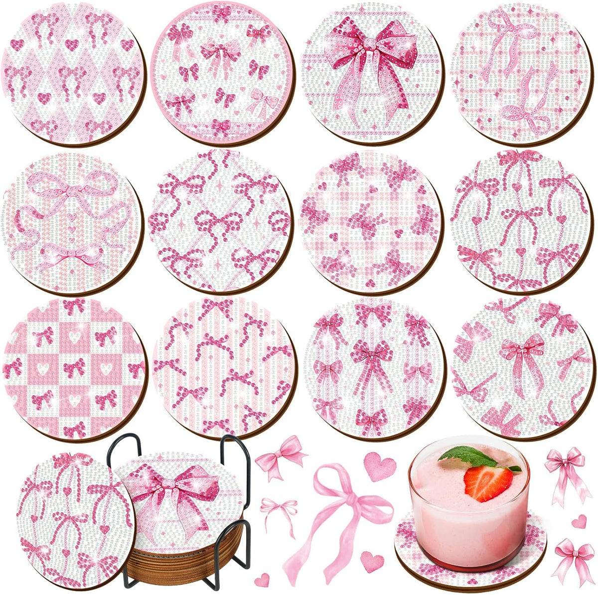 12 Pcs Pink Diamond Art Coasters with Holder Drink Diamond Painting Kit for Valentines Gifts Presents Beginners Adults Art Supplies Craft Decoration Table(Round)