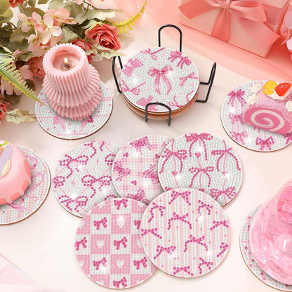 12 Pcs Pink Diamond Art Coasters with Holder Drink Diamond Painting Kit for Valentines Gifts Presents Beginners Adults Art Supplies Craft Decoration Table(Round)