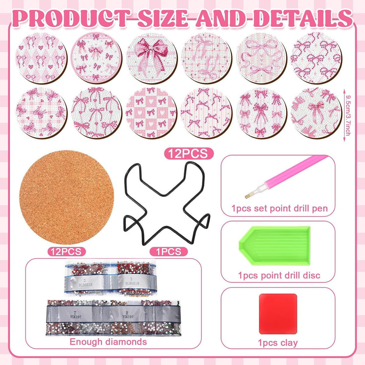 12 Pcs Pink Diamond Art Coasters with Holder Drink Diamond Painting Kit for Valentines Gifts Presents Beginners Adults Art Supplies Craft Decoration Table(Round)