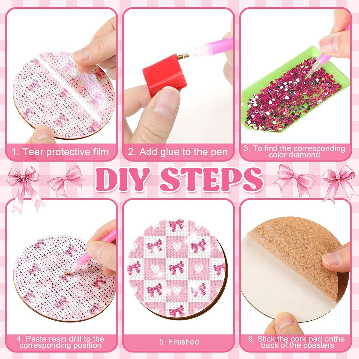 12 Pcs Pink Diamond Art Coasters with Holder Drink Diamond Painting Kit for Valentines Gifts Presents Beginners Adults Art Supplies Craft Decoration Table(Round)