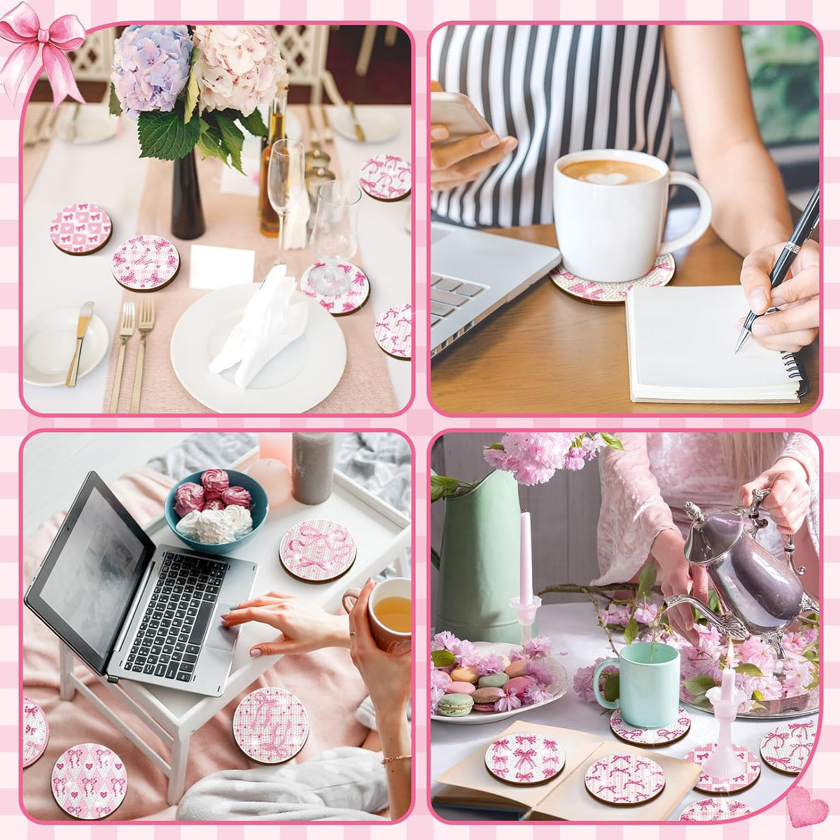12 Pcs Pink Diamond Art Coasters with Holder Drink Diamond Painting Kit for Valentines Gifts Presents Beginners Adults Art Supplies Craft Decoration Table(Round)