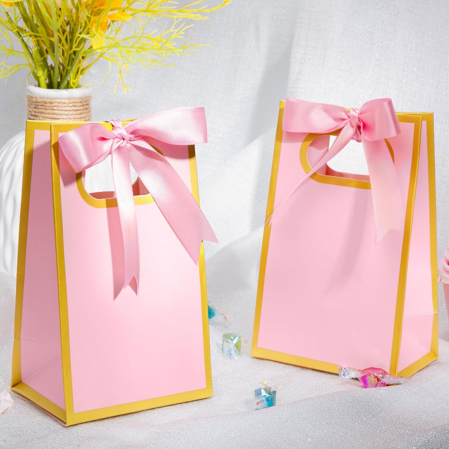 Kolldenn 24 Pcs Small Gift Bags with Bow 6.3 x 3.9 x 2.8 Inch Thank You Gift Bags Elegant Mini Paper Bag with Handles for Wedding Bridal Birthday Baby Shower Bridesmaid Party Favors(Pink)
