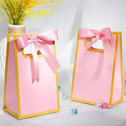 Kolldenn 24 Pcs Small Gift Bags with Bow 6.3 x 3.9 x 2.8 Inch Thank You Gift Bags Elegant Mini Paper Bag with Handles for Wedding Bridal Birthday Baby Shower Bridesmaid Party Favors(Pink)