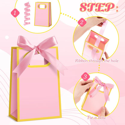 Kolldenn 24 Pcs Small Gift Bags with Bow 6.3 x 3.9 x 2.8 Inch Thank You Gift Bags Elegant Mini Paper Bag with Handles for Wedding Bridal Birthday Baby Shower Bridesmaid Party Favors(Pink)