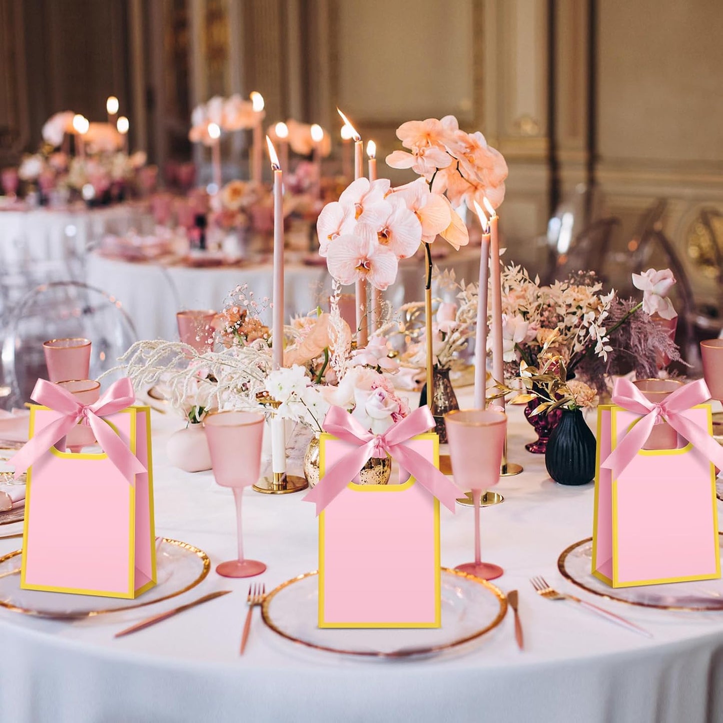 Kolldenn 24 Pcs Small Gift Bags with Bow 6.3 x 3.9 x 2.8 Inch Thank You Gift Bags Elegant Mini Paper Bag with Handles for Wedding Bridal Birthday Baby Shower Bridesmaid Party Favors(Pink)