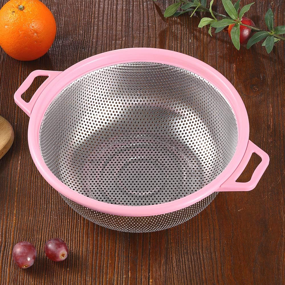 Stainless Steel Colander With Handle and Legs, Large Metal Pink Strainer for Pasta, Spaghetti, Berry, Veggies, Fruits, Noodles, Salads, 5-quart 10.5” Kitchen Mesh Colander, Dishwasher Safe