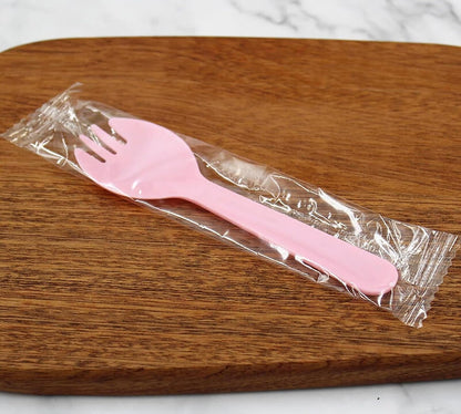 100PCS Disposable Sporks, Individually Packaged Plastic Spork for Cakes, Desserts, Ice Cream, Bread, Fork Spoon for Party, Wedding, Picnics, Buffet (Pink)