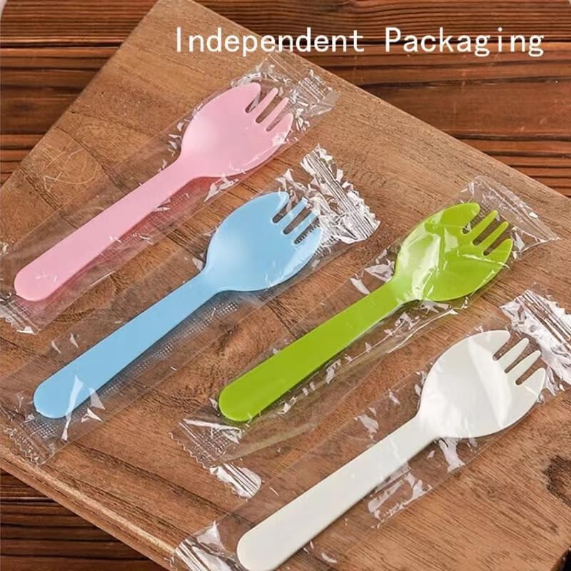 100PCS Disposable Sporks, Individually Packaged Plastic Spork for Cakes, Desserts, Ice Cream, Bread, Fork Spoon for Party, Wedding, Picnics, Buffet (Pink)