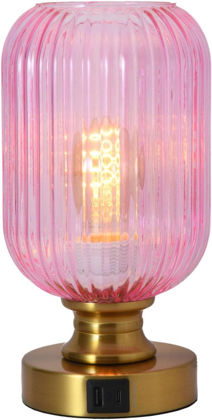 Mid Century Glass Table Lamp, Touch Stepless Dimmable, USB A+C, Pink