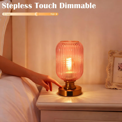 Mid Century Glass Table Lamp, Touch Stepless Dimmable, USB A+C, Pink