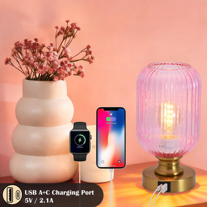 Mid Century Glass Table Lamp, Touch Stepless Dimmable, USB A+C, Pink