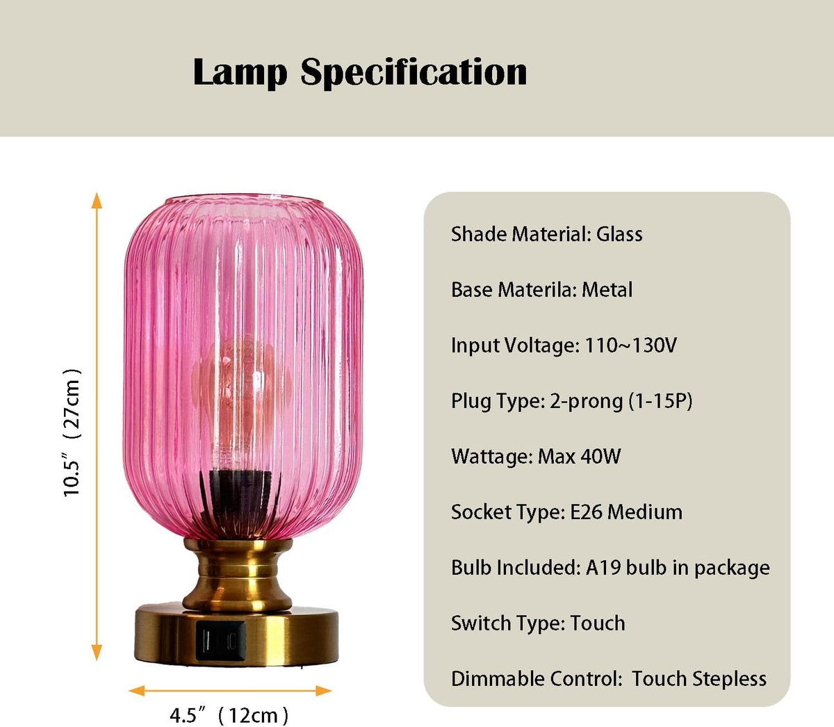 Mid Century Glass Table Lamp, Touch Stepless Dimmable, USB A+C, Pink