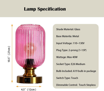 Mid Century Glass Table Lamp, Touch Stepless Dimmable, USB A+C, Pink