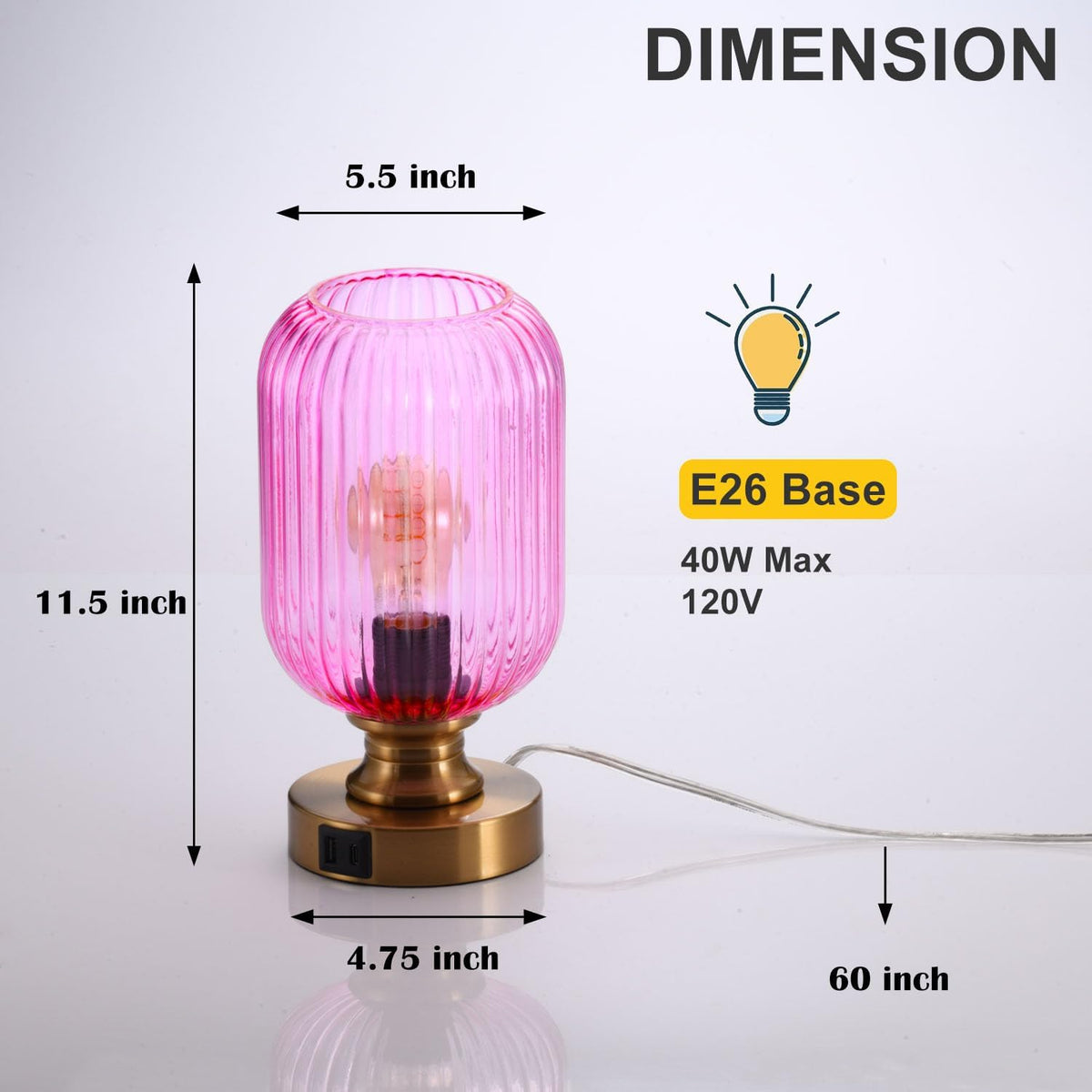 Mid Century Glass Table Lamp, Touch Stepless Dimmable, USB A+C, Pink