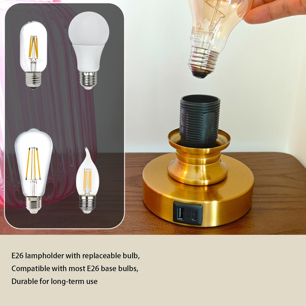 Mid Century Glass Table Lamp, Touch Stepless Dimmable, USB A+C, Pink