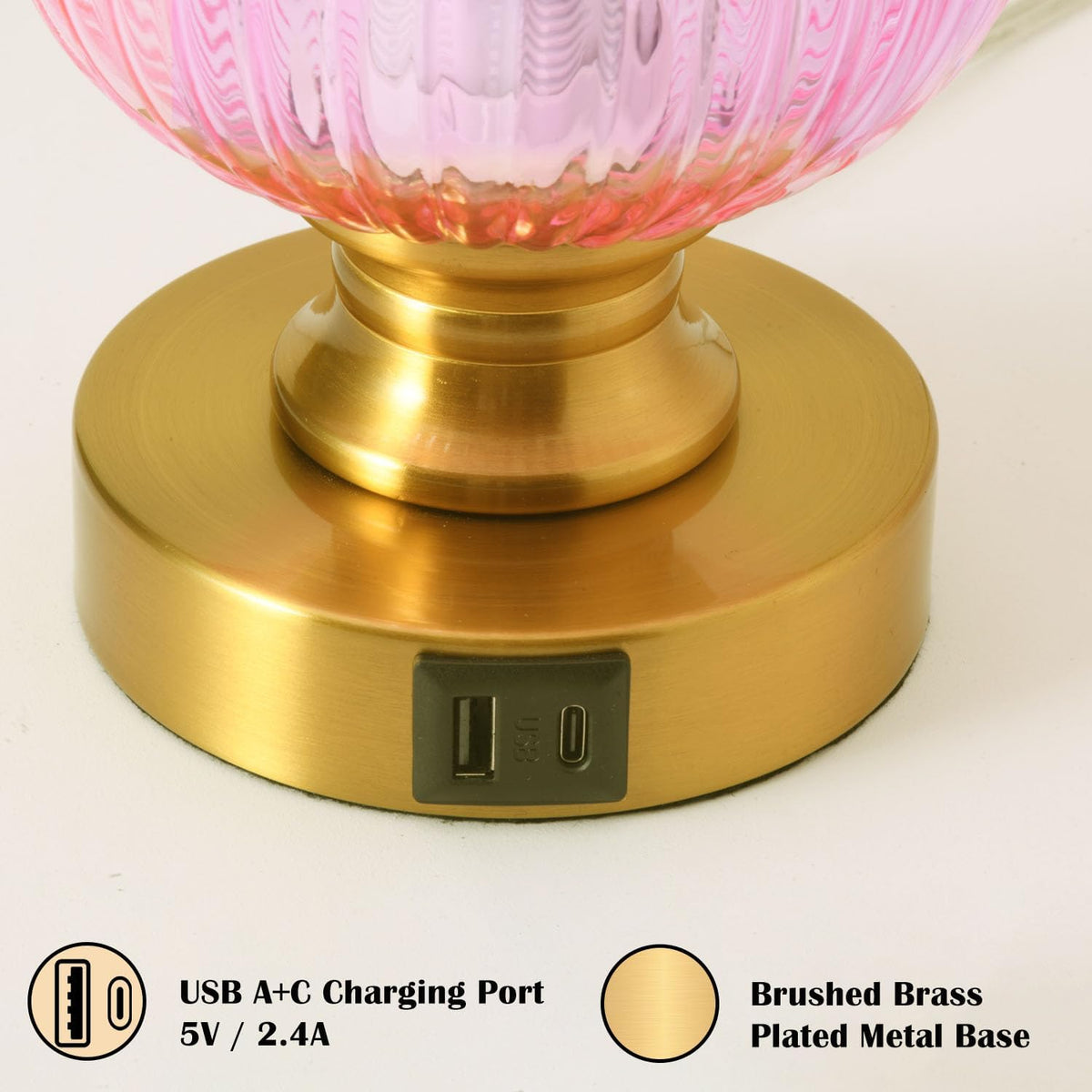 Mid Century Glass Table Lamp, Touch Stepless Dimmable, USB A+C, Pink