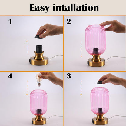 Mid Century Glass Table Lamp, Touch Stepless Dimmable, USB A+C, Pink