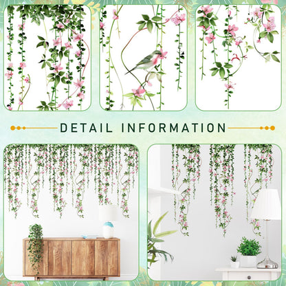 4 Sheets Hanging Vines with Flowers Wall Decals Green Plant Leaves Wall Stickers Pink Cherry Blossom Vine Wall Art Hanging Flower Tree Branches Bird Wall Murals for Kids Bedroom Nursery Decoration 20