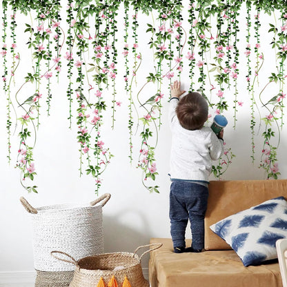 4 Sheets Hanging Vines with Flowers Wall Decals Green Plant Leaves Wall Stickers Pink Cherry Blossom Vine Wall Art Hanging Flower Tree Branches Bird Wall Murals for Kids Bedroom Nursery Decoration 20