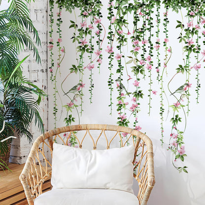 4 Sheets Hanging Vines with Flowers Wall Decals Green Plant Leaves Wall Stickers Pink Cherry Blossom Vine Wall Art Hanging Flower Tree Branches Bird Wall Murals for Kids Bedroom Nursery Decoration 20