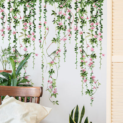 4 Sheets Hanging Vines with Flowers Wall Decals Green Plant Leaves Wall Stickers Pink Cherry Blossom Vine Wall Art Hanging Flower Tree Branches Bird Wall Murals for Kids Bedroom Nursery Decoration 20