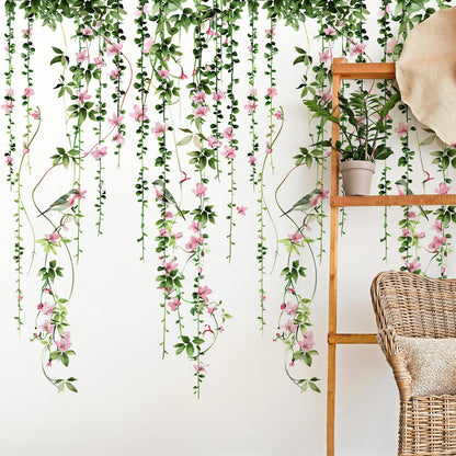 4 Sheets Hanging Vines with Flowers Wall Decals Green Plant Leaves Wall Stickers Pink Cherry Blossom Vine Wall Art Hanging Flower Tree Branches Bird Wall Murals for Kids Bedroom Nursery Decoration 20