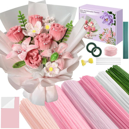 500Pcs Pink Pipe Cleaners–6 Colors Chenille Flower Kit with Ribbons & Tools