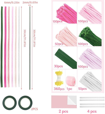 500Pcs Pink Pipe Cleaners–6 Colors Chenille Flower Kit with Ribbons & Tools