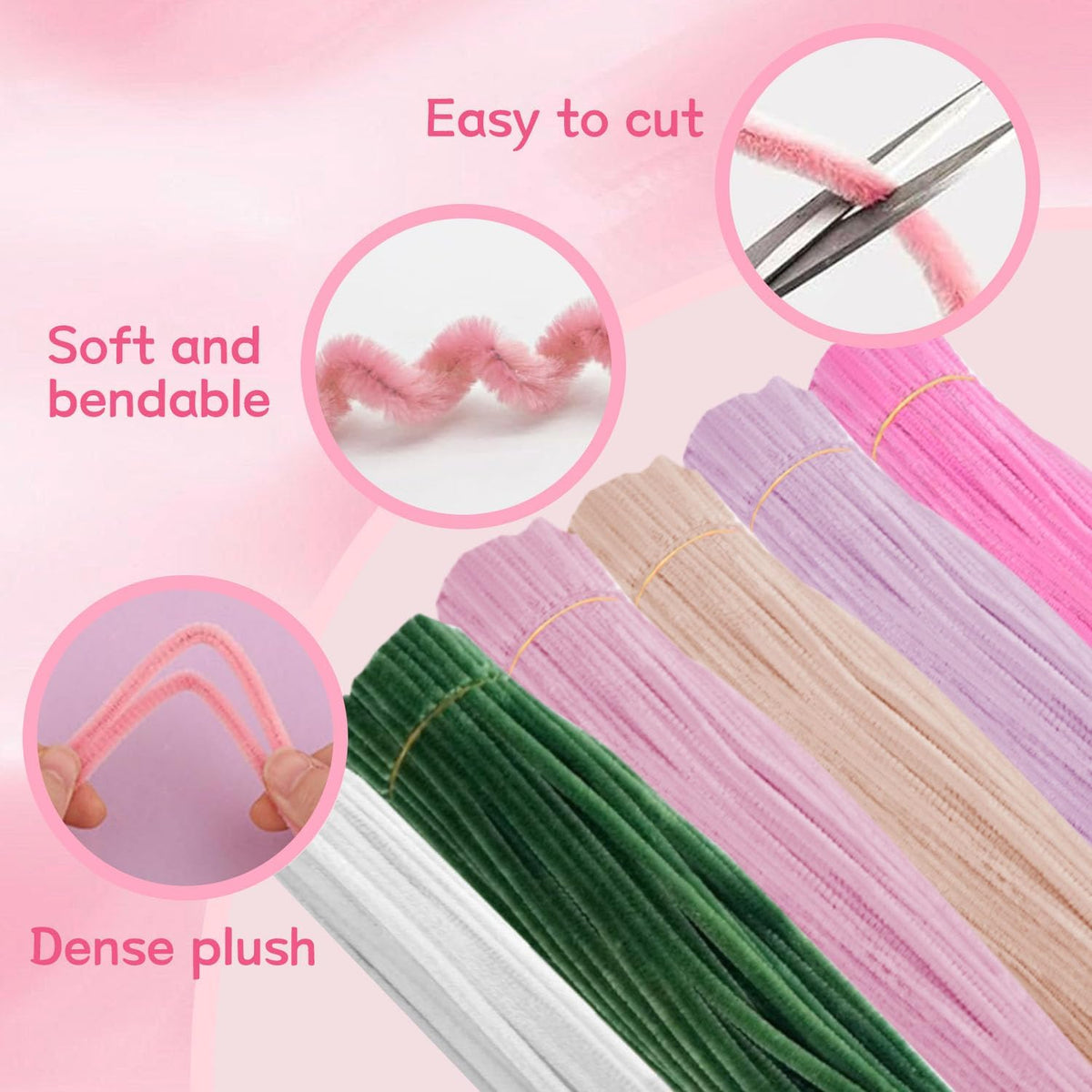 500Pcs Pink Pipe Cleaners–6 Colors Chenille Flower Kit with Ribbons & Tools