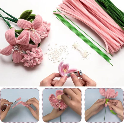 500Pcs Pink Pipe Cleaners–6 Colors Chenille Flower Kit with Ribbons & Tools