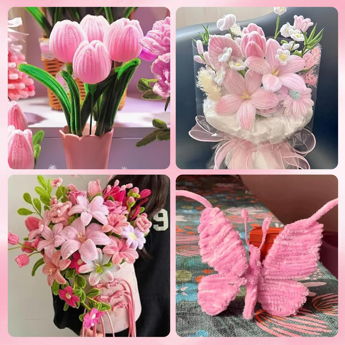 500Pcs Pink Pipe Cleaners–6 Colors Chenille Flower Kit with Ribbons & Tools