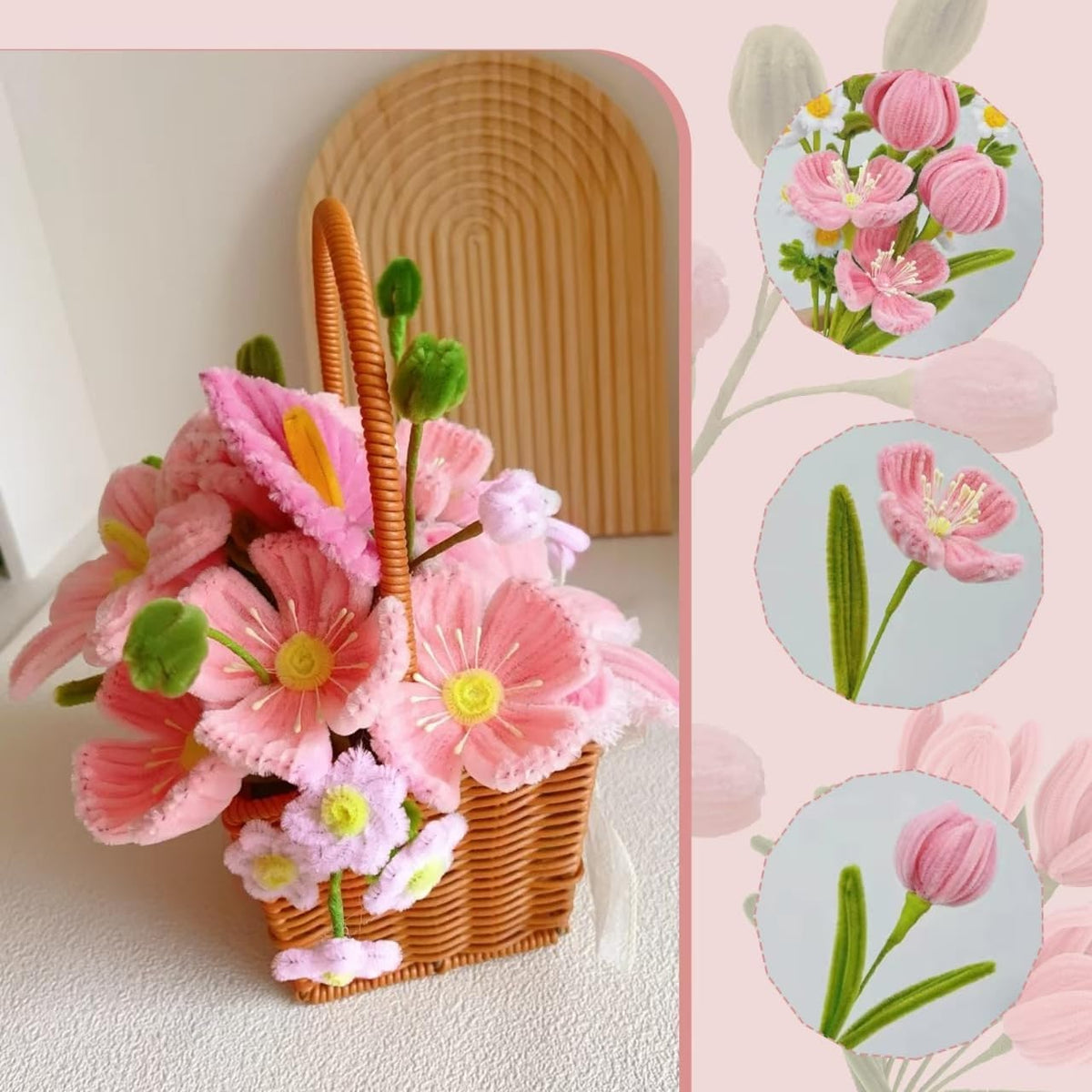 500Pcs Pink Pipe Cleaners–6 Colors Chenille Flower Kit with Ribbons & Tools