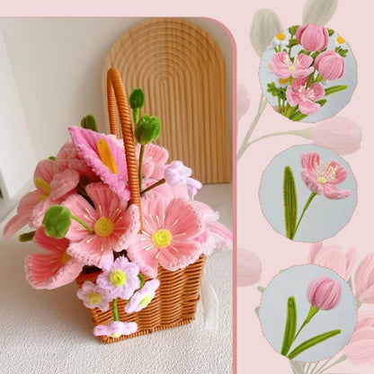 500Pcs Pink Pipe Cleaners–6 Colors Chenille Flower Kit with Ribbons & Tools