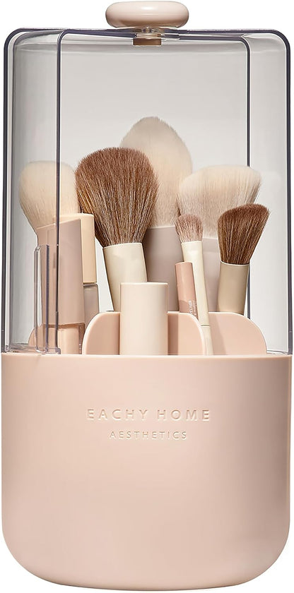 Makeup Brush Holder with Lid, 360° Rotating Vanity Organizer for Brushes, Dustproof Cosmetic Display Case, 7 Compartments, Waterproof Plastic (Pink)