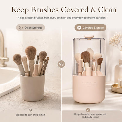 Makeup Brush Holder with Lid, 360° Rotating Vanity Organizer for Brushes, Dustproof Cosmetic Display Case, 7 Compartments, Waterproof Plastic (Pink)