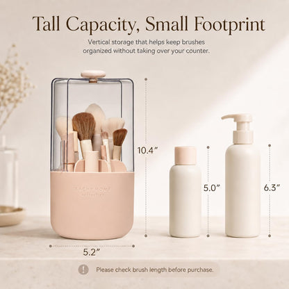 Makeup Brush Holder with Lid, 360° Rotating Vanity Organizer for Brushes, Dustproof Cosmetic Display Case, 7 Compartments, Waterproof Plastic (Pink)