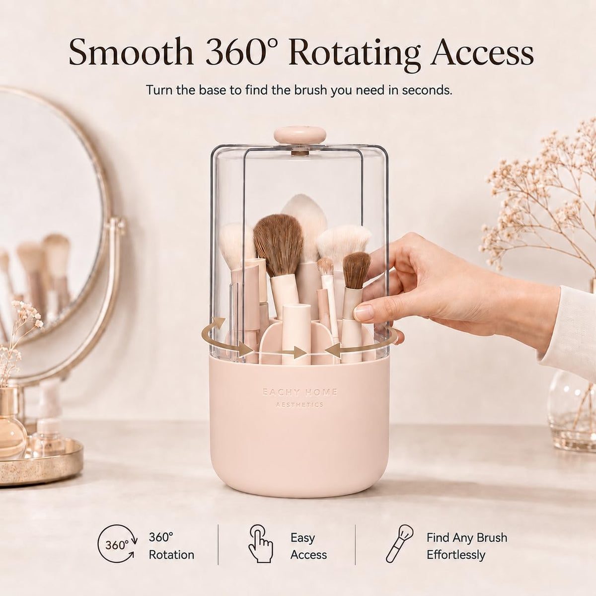 Makeup Brush Holder with Lid, 360° Rotating Vanity Organizer for Brushes, Dustproof Cosmetic Display Case, 7 Compartments, Waterproof Plastic (Pink)