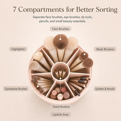 Makeup Brush Holder with Lid, 360° Rotating Vanity Organizer for Brushes, Dustproof Cosmetic Display Case, 7 Compartments, Waterproof Plastic (Pink)