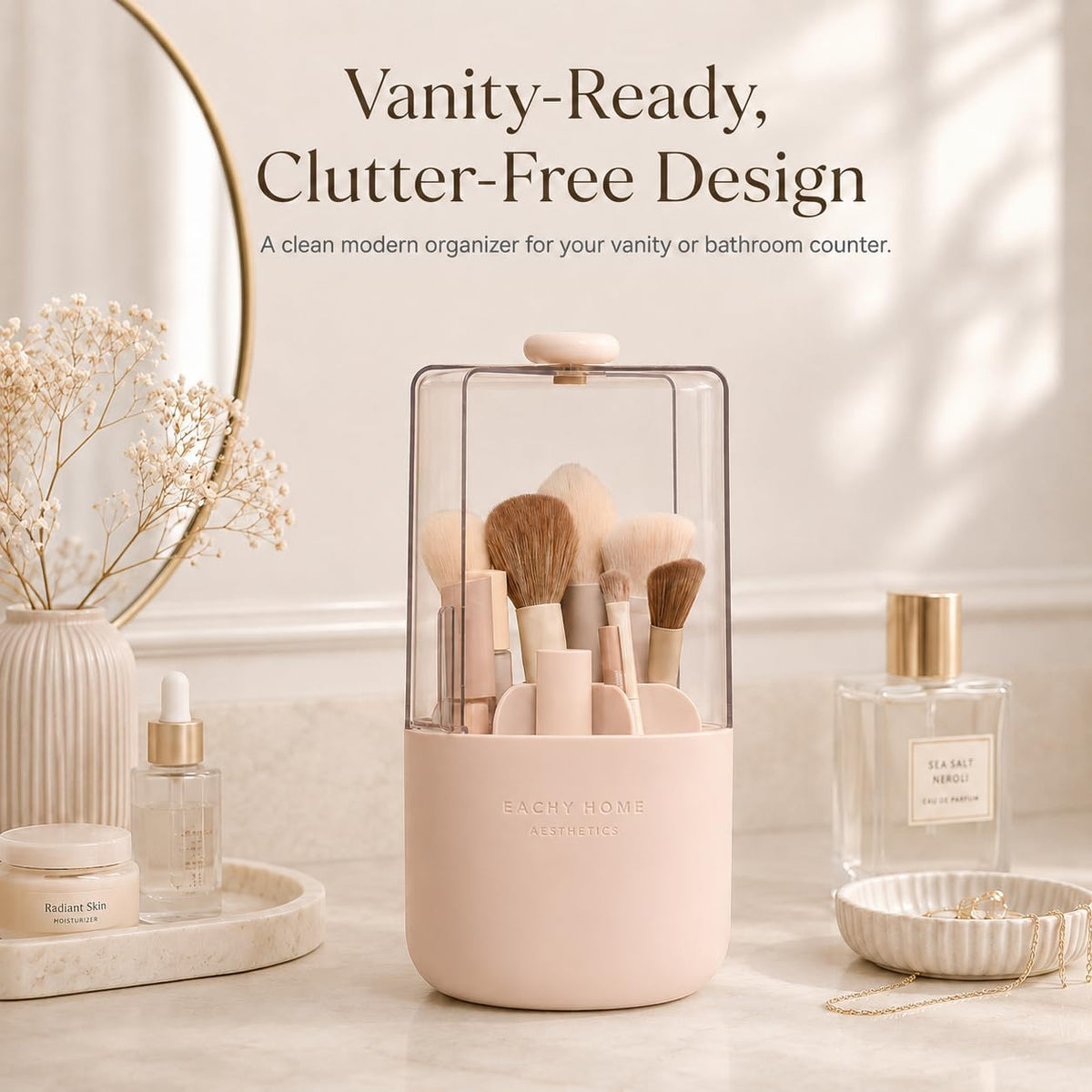 Makeup Brush Holder with Lid, 360° Rotating Vanity Organizer for Brushes, Dustproof Cosmetic Display Case, 7 Compartments, Waterproof Plastic (Pink)