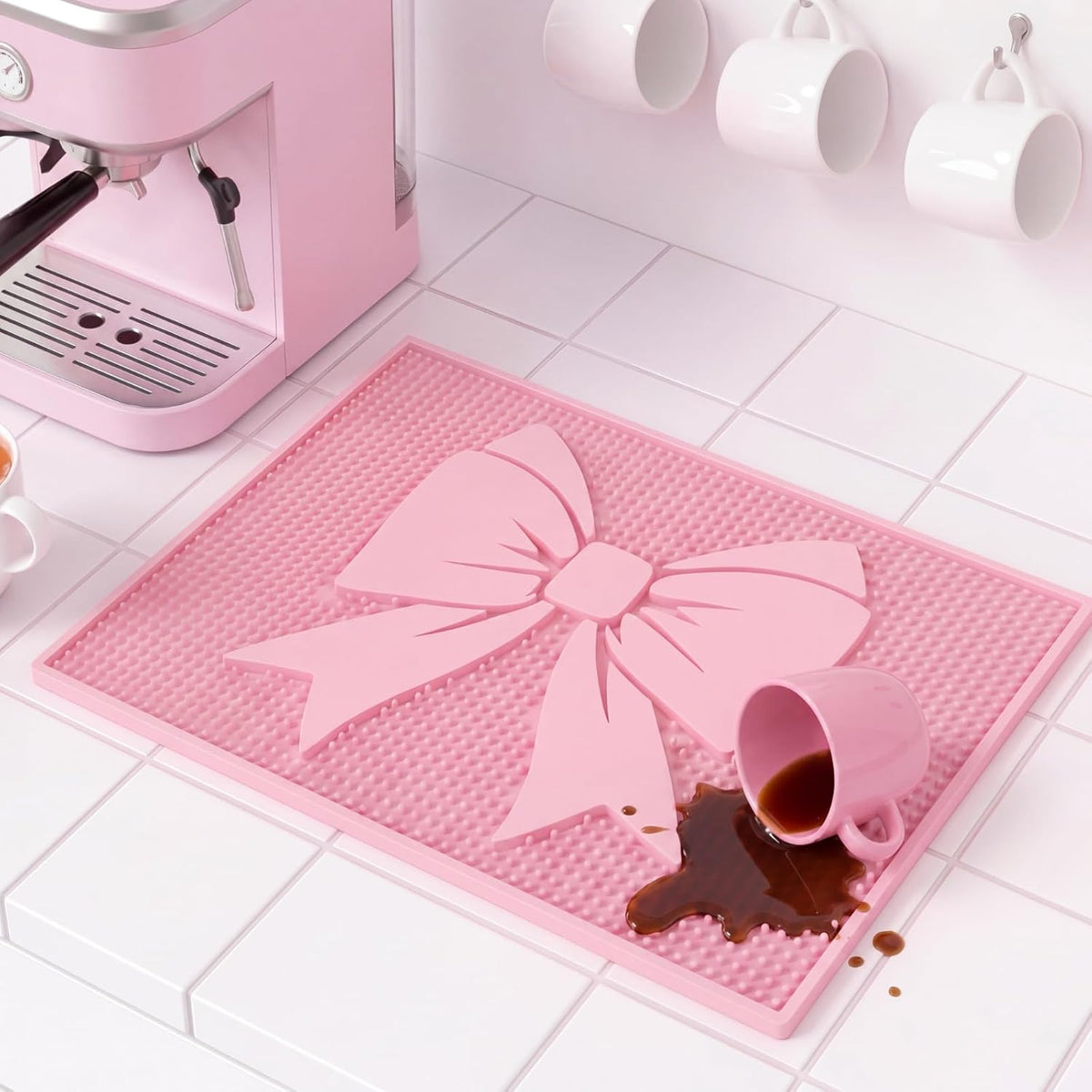 Pink Bow Silicone Coffee Bar Mat 18"X12" Cute Bow Kitchen Mats for Countertop Pink Coffee Bar Accessories Non-Slip Bartender & Spill Decorative Drying Drip Pad for Kitchen